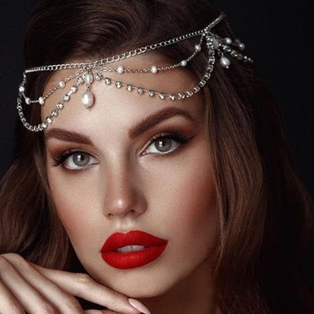Full Rhinestone Head Chain Headpiece Pearls Tassel Crystal Meshes Headbands  Hair Accessories