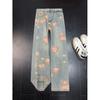 American Flower Full Print Jeans Men's and Women's Autumn Micro-pull Thin Straight Micro-pull Tide Brand Guangzhou Xintang Wholesale