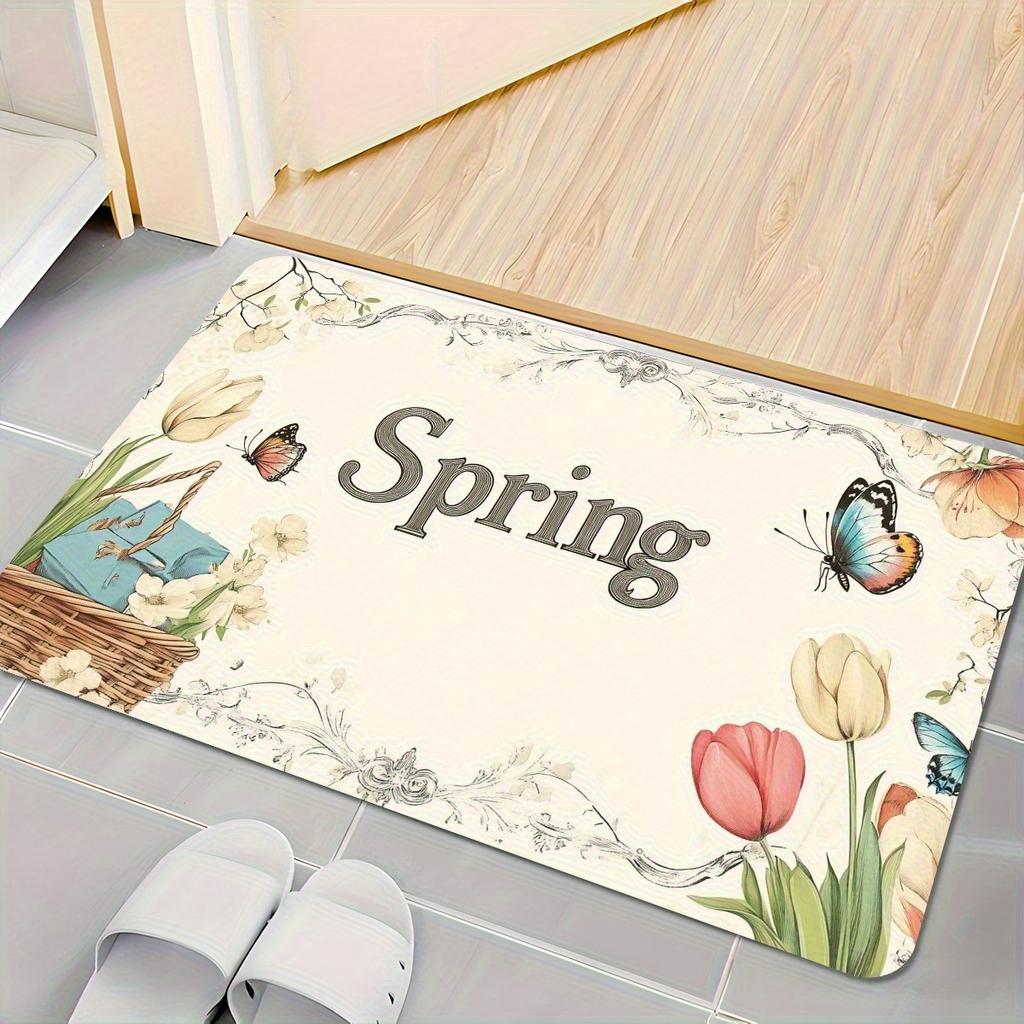 Spring Floral Door Mat, Butterfly Garden Rug, Vintage Welcome Mat, Non-Slip Bathroom Floor Decor