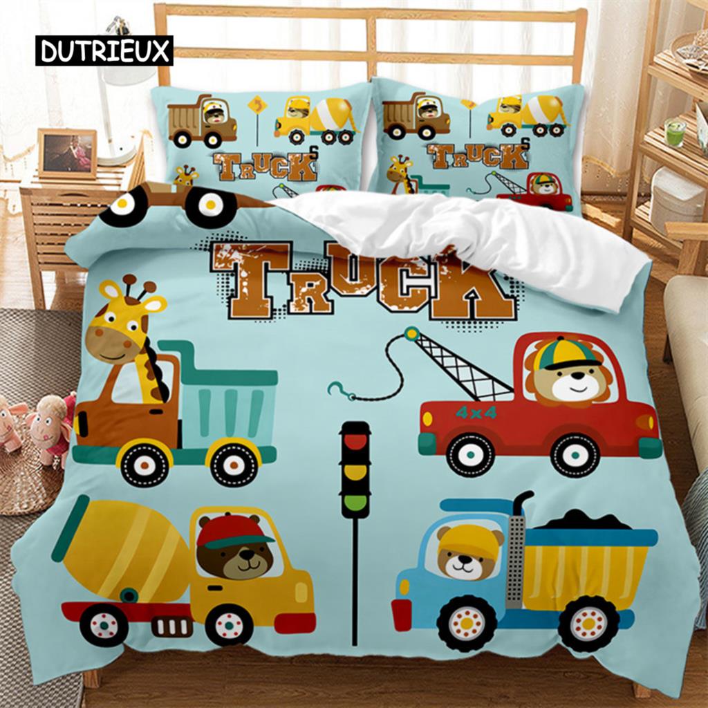 Travel Guide Duvet Cover Set Cartoon Route Car House Building Pattern Bedding Set Microfiber Travel Theme King Size Quilt Cover