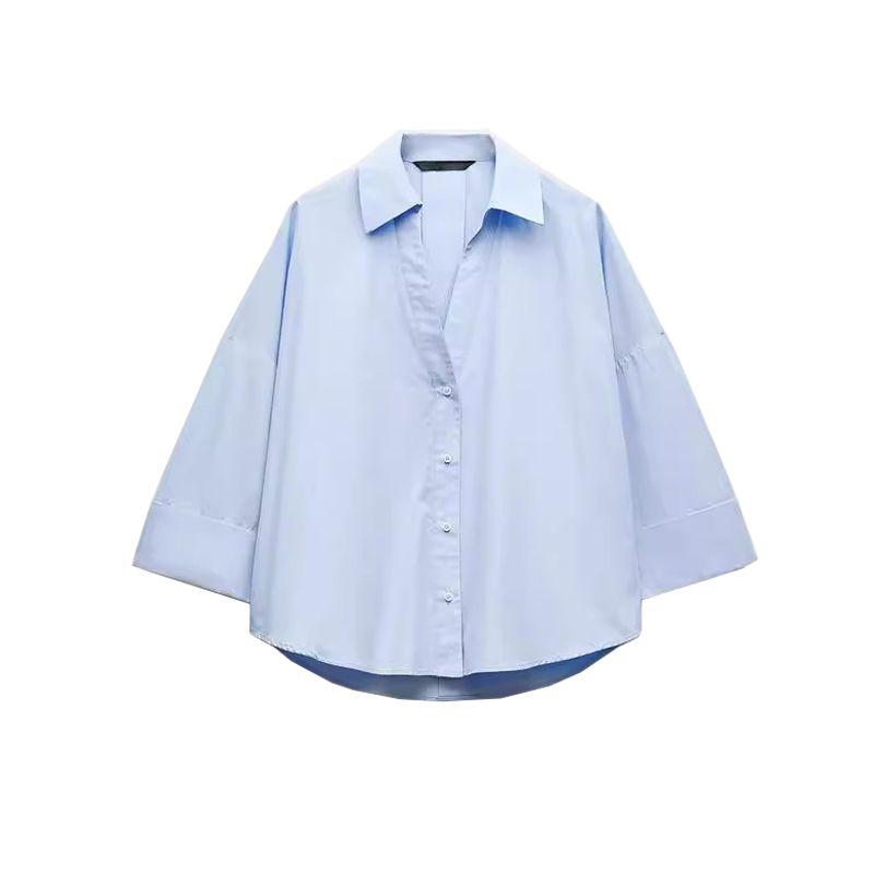 Spring New Women's Clothing French Simplicity Style Light Spring Linen Blended Wide Sleeve Plaid Shirt 2340939