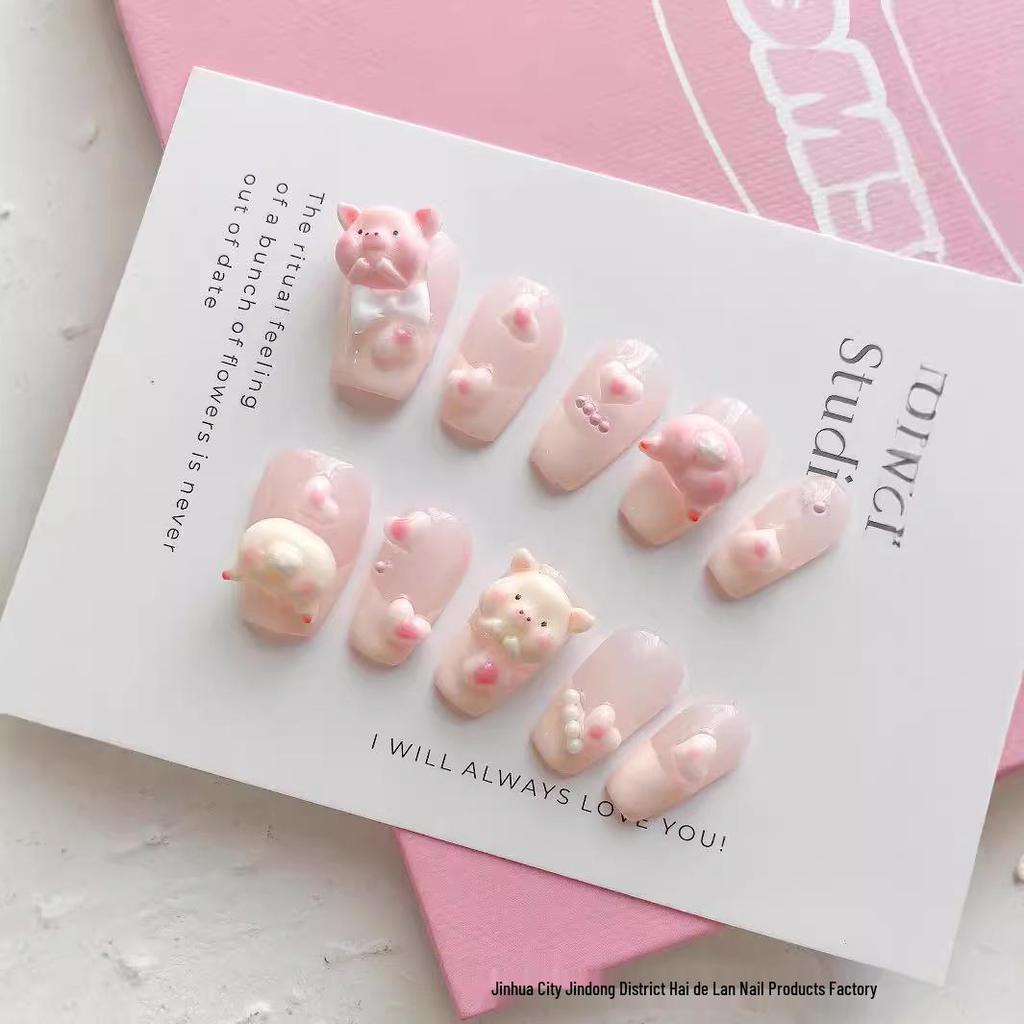 2024 Wearable Cute Pig Art Whitening Long-Lasting Removable Short Nail Patches