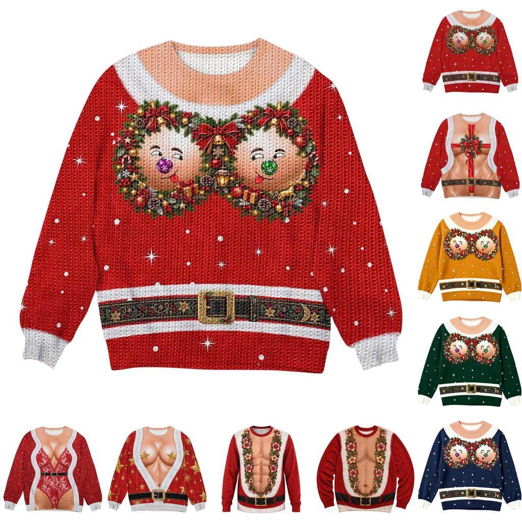 Women's Christmas Print Long Sleeve Crewneck Knit Sweater Casual Pullover