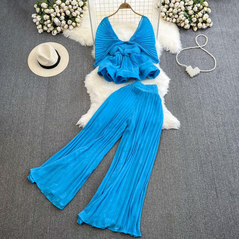 Sanzhai Ruched Batwing Sleeve Lotus Leaf Swing Fashion Suit