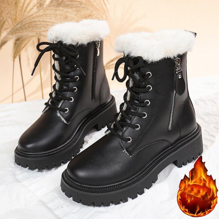 Women's Large Size Thickened Winter Warm Fur One Snow Boots Thickened Lined Ankle Boots Non-slip Hiking Sports Martin Boots