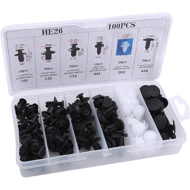 100 PCS Car Bumper Retainer Clips, Plastic Rivets Fasteners Kit with Removal Tool, Push Retainer Screws Rivets, Universal Auto Fastener Kit, for Set