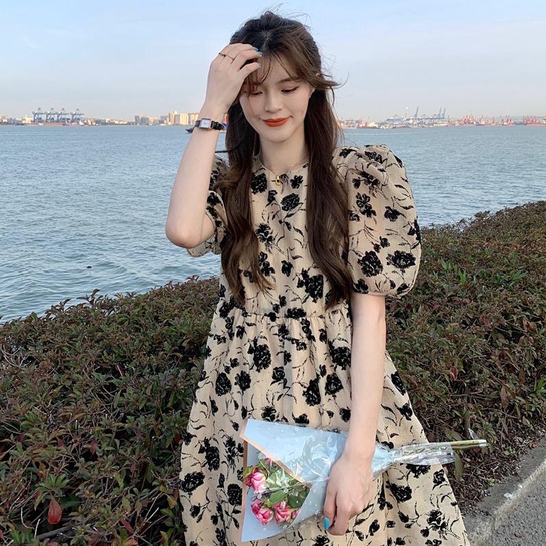 Women's French Retro Floral Puff Sleeve Dress - Summer Slim Fit, High Waist Mid-Length Skirt