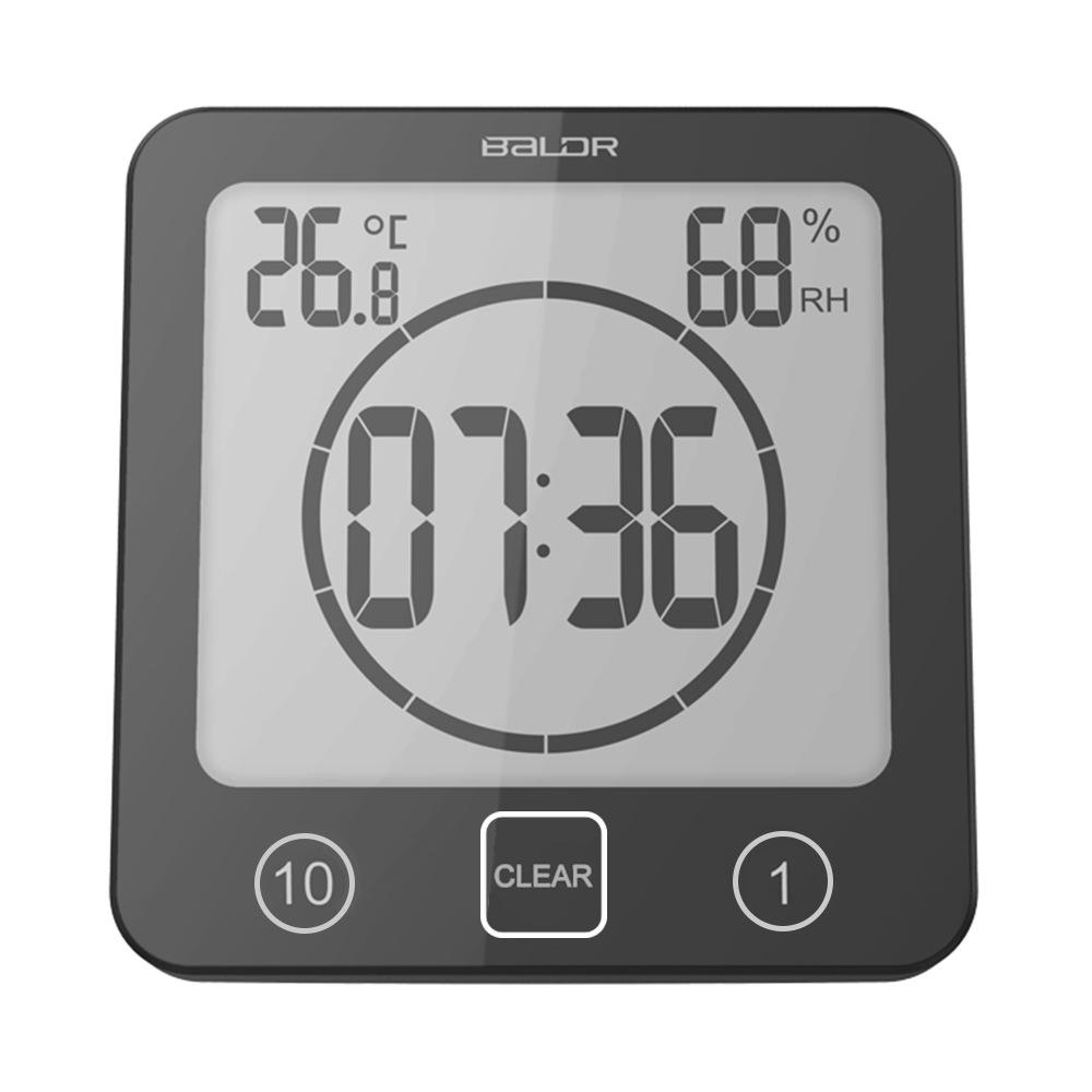BALDR Waterproof Bathroom Wall Clock with Thermometer, Hygrometer, Suction Cup, and 1/10-Minute Countdown Timer