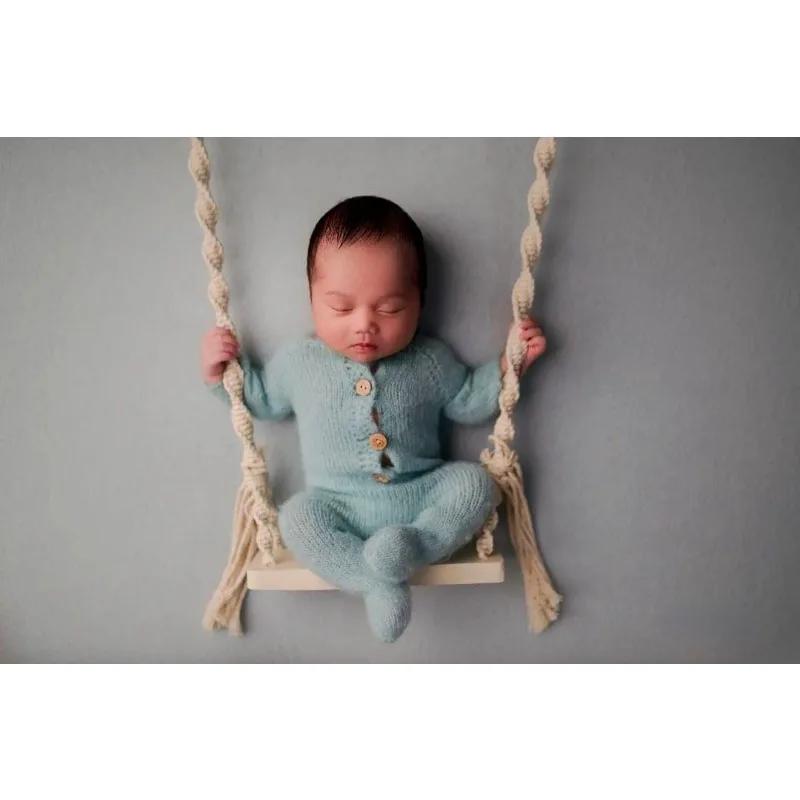 Vintage Wooden Macrame Swing Newborn Photography Prop Soft Photo Shooting Chair Babies Infants Essential Fotografia Accessories