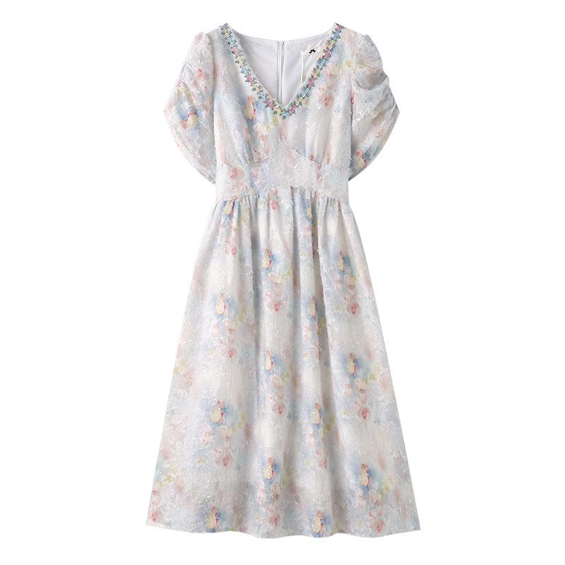 A New Summer Style Plus-size Women's Dress with A High-end and Elegant Lace-up Waist and V-neck