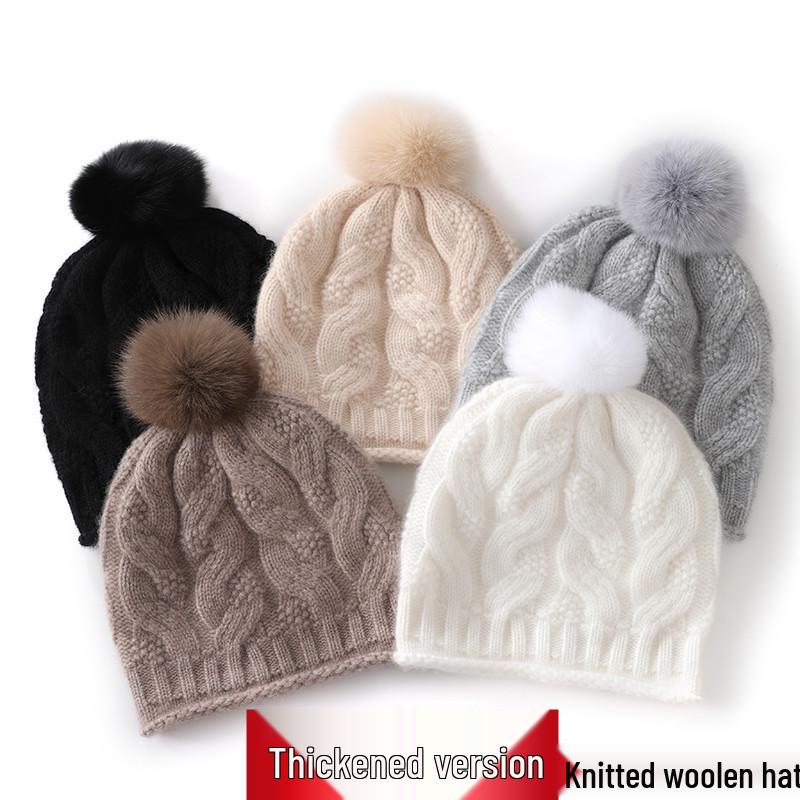 Women's Cable Knit Cashmere Beanie with Fox Fur Pom Pom - Thickened, Warm, and Casual Winter Ear Protection Hat