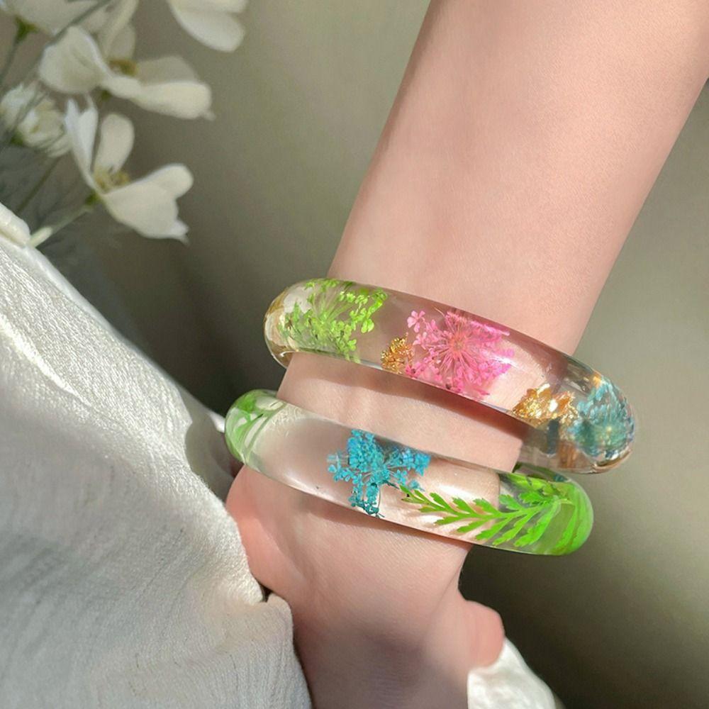 Resin Acrylic Bangle Bohemian Big Cuff Bangle Unique Natural Dried Flower Bracelet  Girls