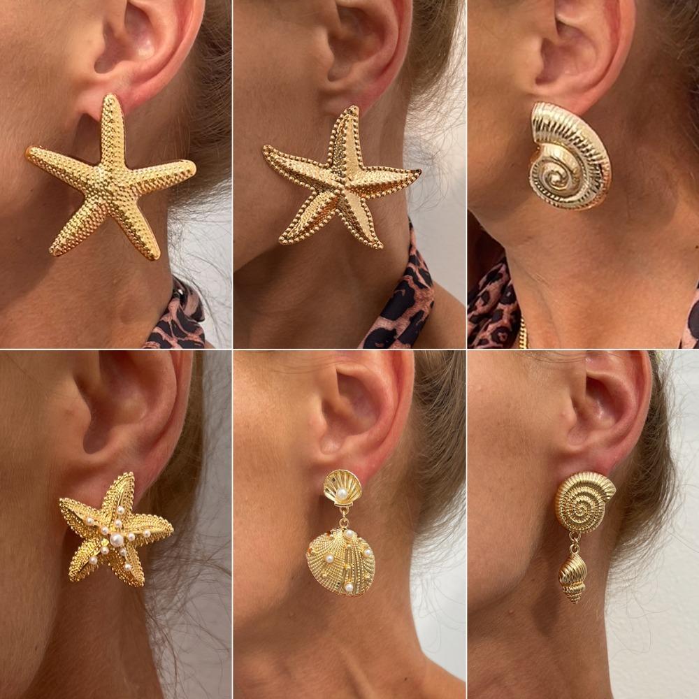 Orecchini a Bottone Trendy Esagerati a Forma di Conchiglia Stella Marina Conchiglia Perla per Donna Fascino Retro Accessorio Gioiello per Vacanza Estiva al Mare Regalo
