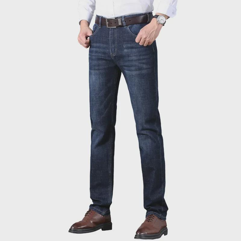 Jeans Grosso Elástico Reto Masculino para Outono/Inverno - Ajuste Casual Slim para Estilo Empresarial de Meia-Idade