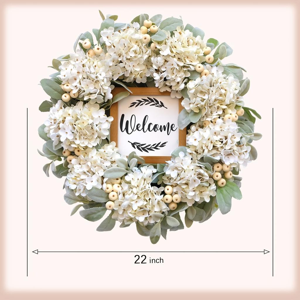Premium Wedding Hydrangea Wreath Realistic Flowers with White Berries and a Built-in Welcome Sign, Suitable for Front Door