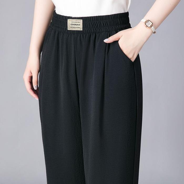 

Летние брюки для мам среднего и пожилого возраста. Повседневные брюки прямого кроя. Эластичные брюки с высокой талией и девятью точками. Свободные шаровары. Узкие, большого размера. M