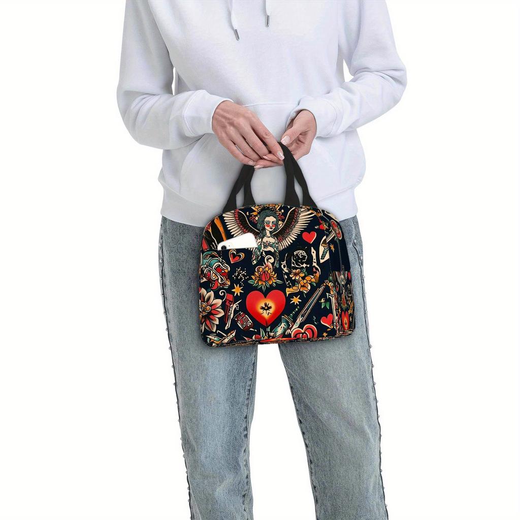 1pc, Tattoo Art Collage with Vibrant Colors. Printed Thermal Insulation Bag, Insulated Bag. Not for Direct Food Contact