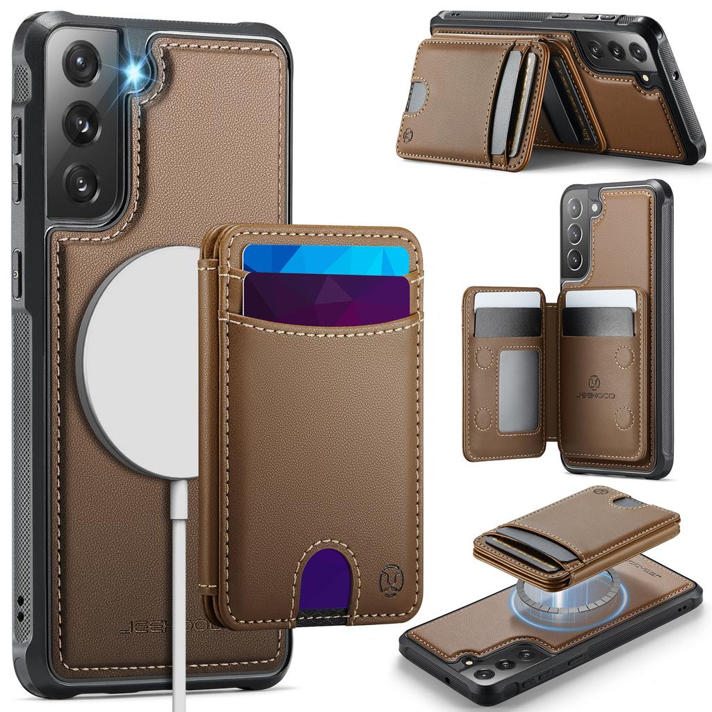 For Samsung Galaxy S22 5G Magnetic Case JEEHOOD J10 Leather Back Phone Cover with Detachable Card Holder Kickstand