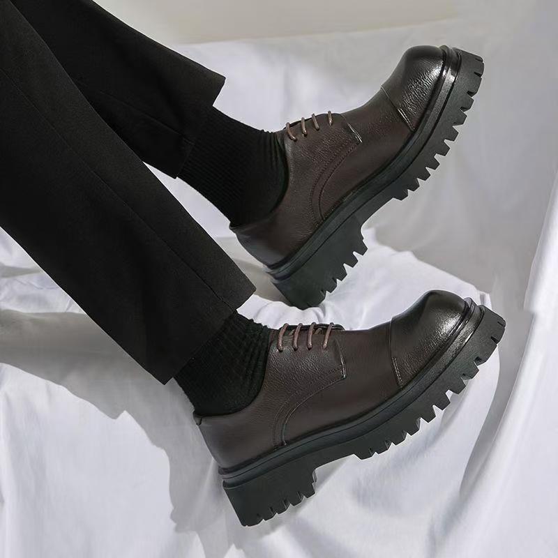 Autumn New Fashion Business Dress Casual Big Head Leather Shoes Men's Platform Heightening Versatile Trend Derby Shoes