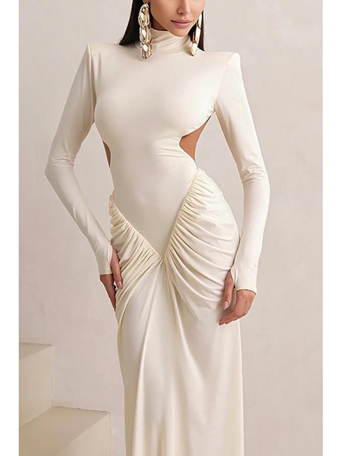 2026 Spring Slim Fit Backless Pleated Long Dress - Pure Color, Long Sleeve, Elegant Women's Clothing