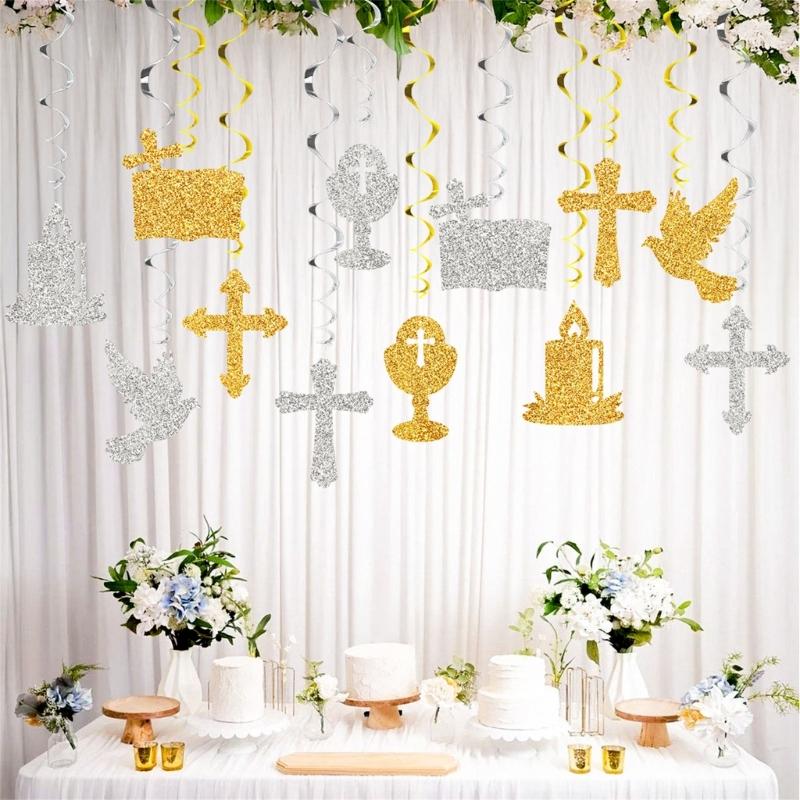 Spirals Hangings Suitable For Communion Handmade Crosses Doves Streamers Elegant Handmade Ceiling Decorations