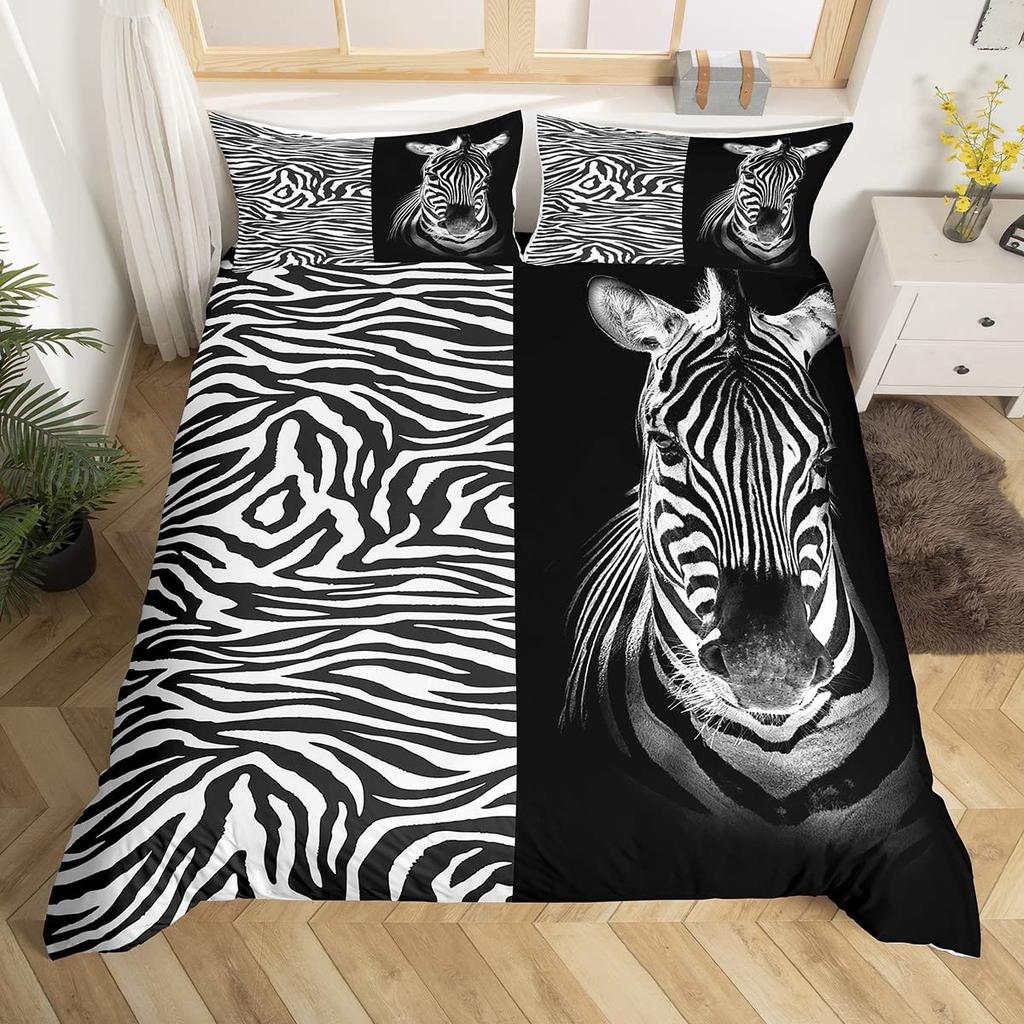 Zebra Print Bedding Set, Striped Zebra Animal Print Decorative Quilted 3 Piece Comforter Cover With 2 Pillow Shams, King Size