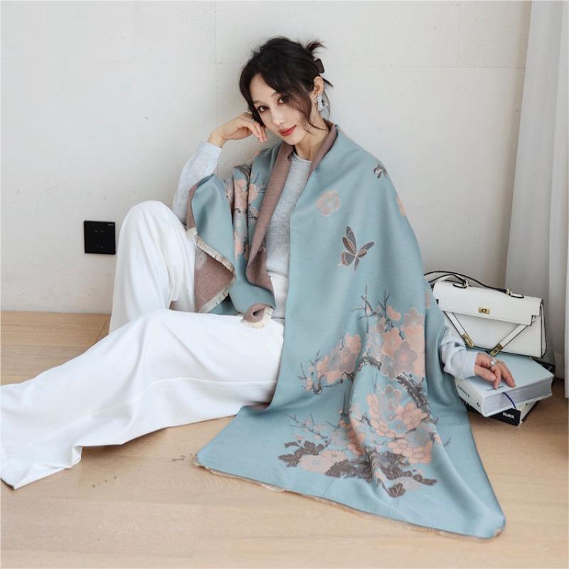 Winter thick shawl with women's plum blossom imitation cashmere double-sided jacquard scarf, fringed thickened warm scarf