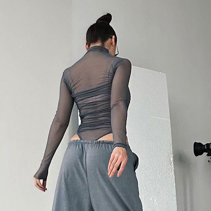 Women's Mesh See-Through Long-Sleeved Bodysuit - Chic High-Waisted Slim Fit Top