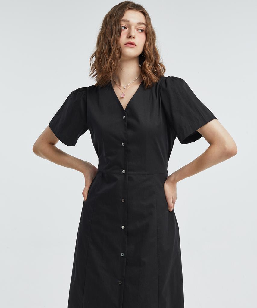 MANAVIS7 V-Neck Shirt Dress [Black]