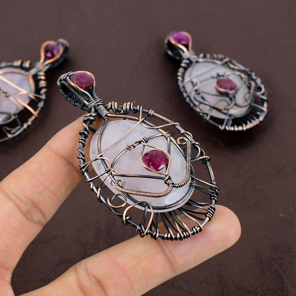 Natural EvilEye Rose Quartz, Ruby Gemstone Copper Wire Wrap Pendant 3.19" y2Y75