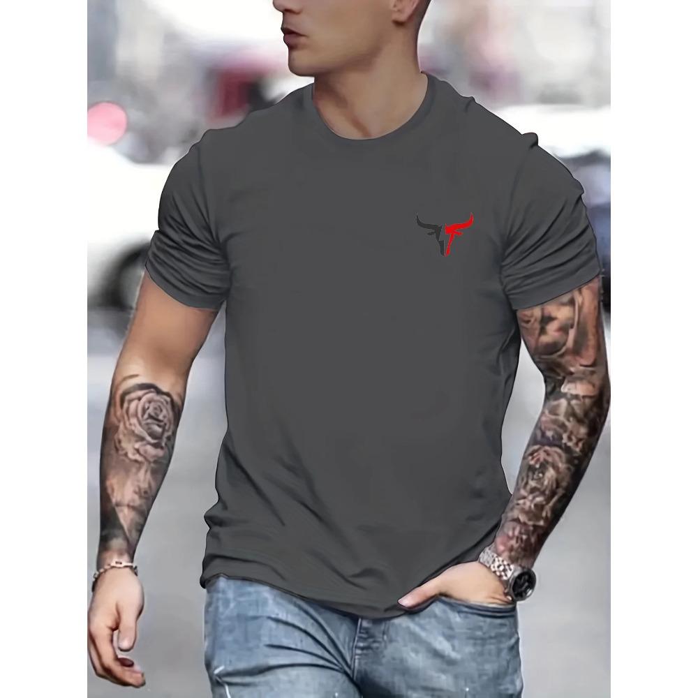 Summer Men's Casual Loose Size Bull Print Round Neck Short Sleeve T-shirt Top Men's Street Clothing Button Up Pullov