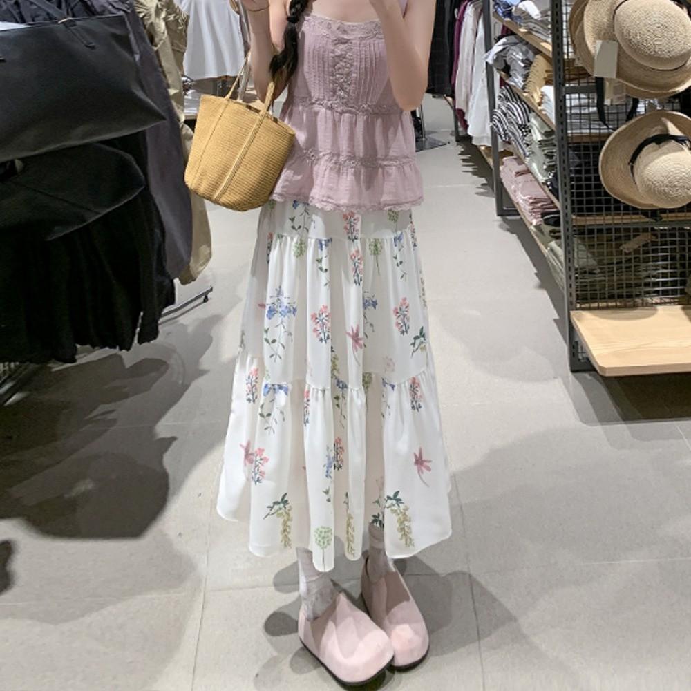 Qooth Elegant Women A-line Floral Ruffle Skirt Wide Hem Mid Length Casual Sweet Skirt QT2622