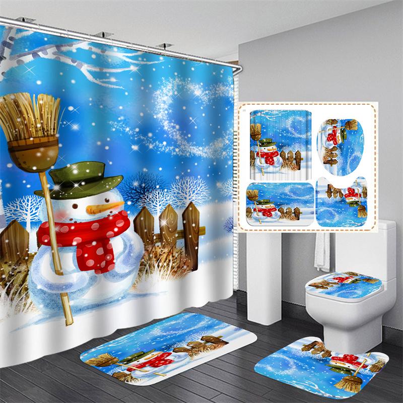 Santa Vánoční sada sprchových závěsů Vanová předložka Protiskluzový koberec Koupelnová přepážka Vodotěsná Domácí dekorace Cortinas Para Ba ñO