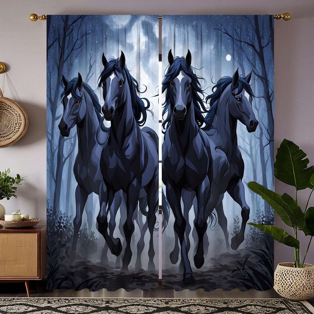

2 шт. занавесок HD с изображением лесной лошади, синие занавески с цифровой печатью, стиль украшения для дома, гостиная, спальня W52H63inchW132H160cm