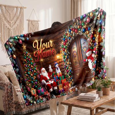 Christmas Custom Name Printed Flannel Blanket Warm Comfort Bed Throw Home Decor Holiday Gift