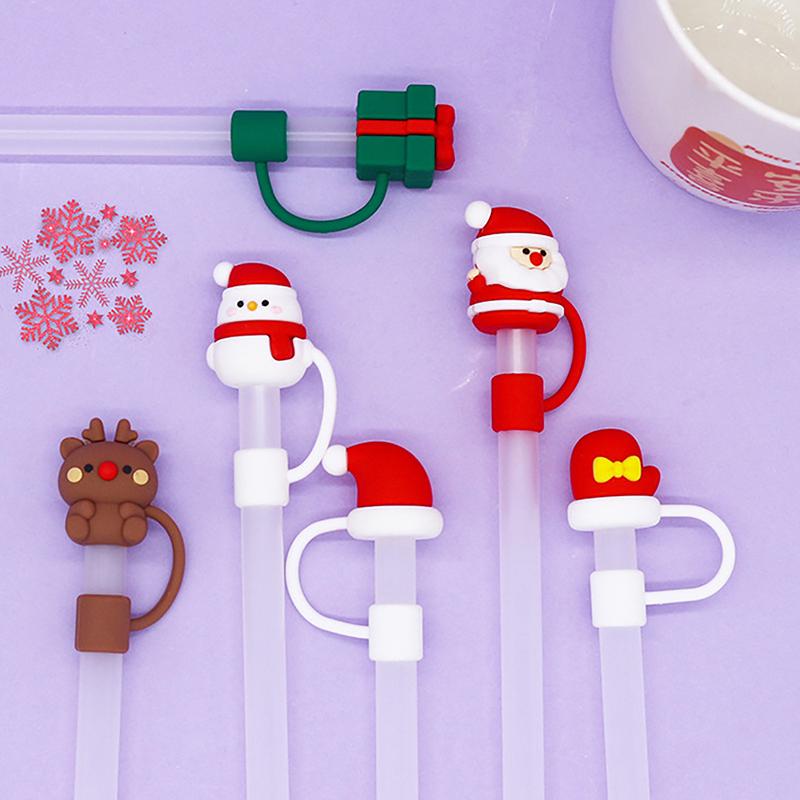 Christmas New Year Theme Cute Straw Dust Cap Dust Plug Detachable Doll Cute Straw Dust Cover Glass Stainless Steel Straw Cover