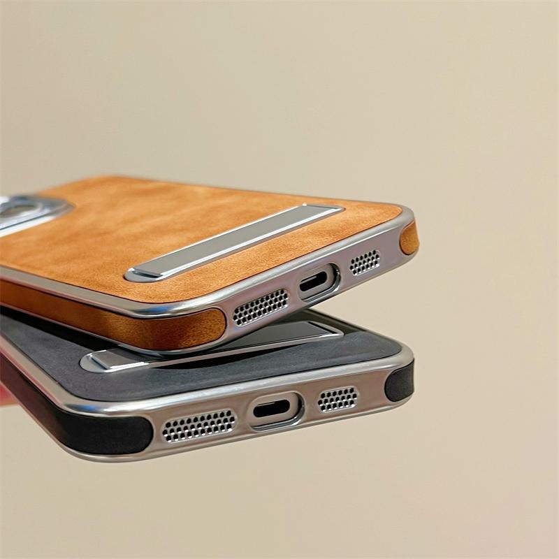 Luxus-Plating-Leder-Hülle mit verstecktem Metallhalter für iPhone 15 14 13 12 11 Pro Max Plus 15Pro 14Pro IPones-Ständer Stoßfeste Abdeckung