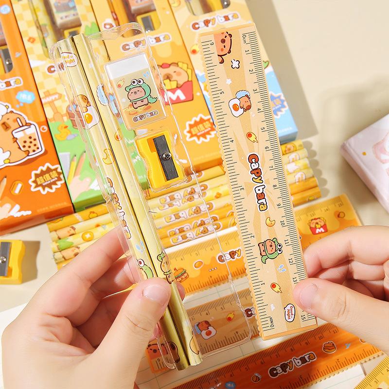2Set Cute Cartoon Capybara Pencil Stationery Set Kawaii 5Pcs/Set Eraser Pencil Sharpener Children Student Stationery Supplies