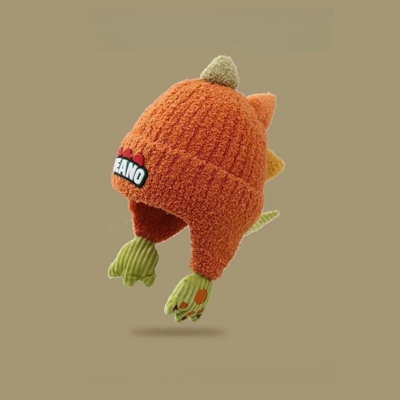 Winter Kids' Thickened Ear-Warming Windproof Fleece-Lined Beanie Cute 3D Dinosaur Knit Beanie
