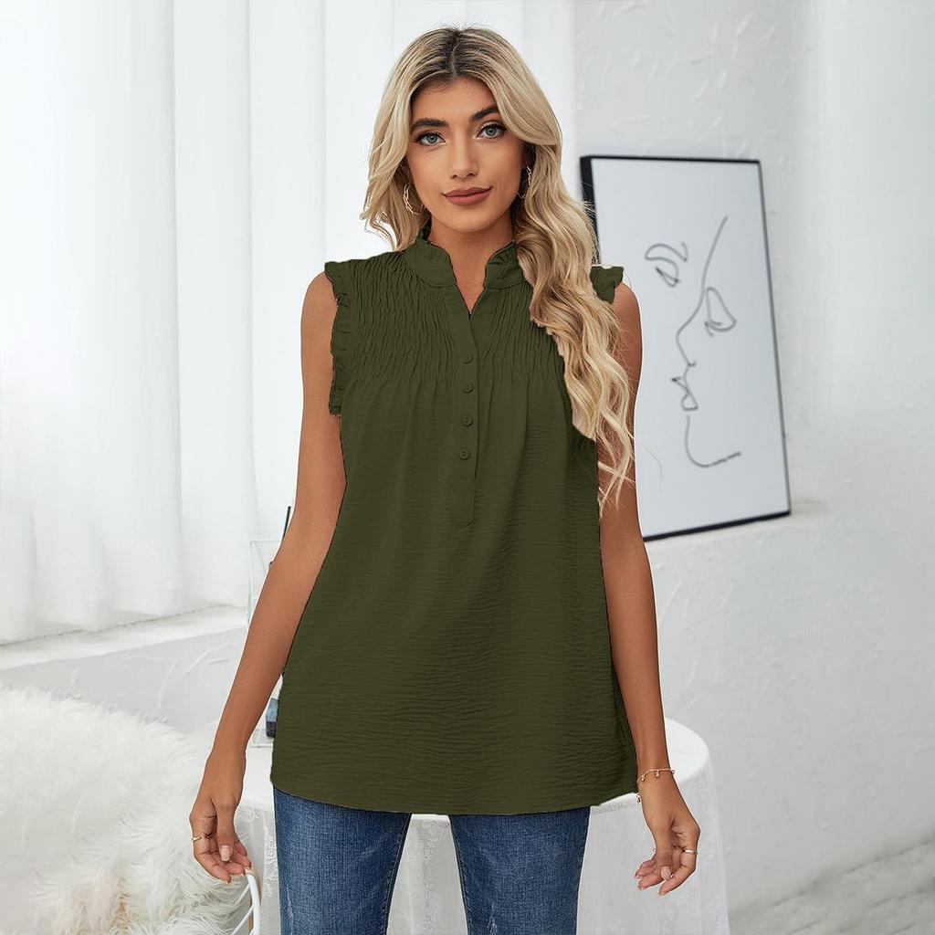 Summer Women's Vest Sleeveless High Neck Button-frilly Loose Casual Top