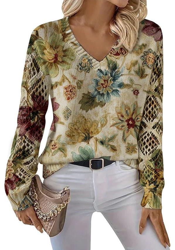 V-Neck Eyelet Print Sweater - Style HS-LY52