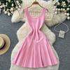 Rochie Mini Tricotată Fără Mâneci, Monocromă, cu Mărgele, de Vară, pentru Femei  Stil Coreean, Talie Înaltă, Strângere în Talie, Subțietoare, Elegantă, Rochie Pulover