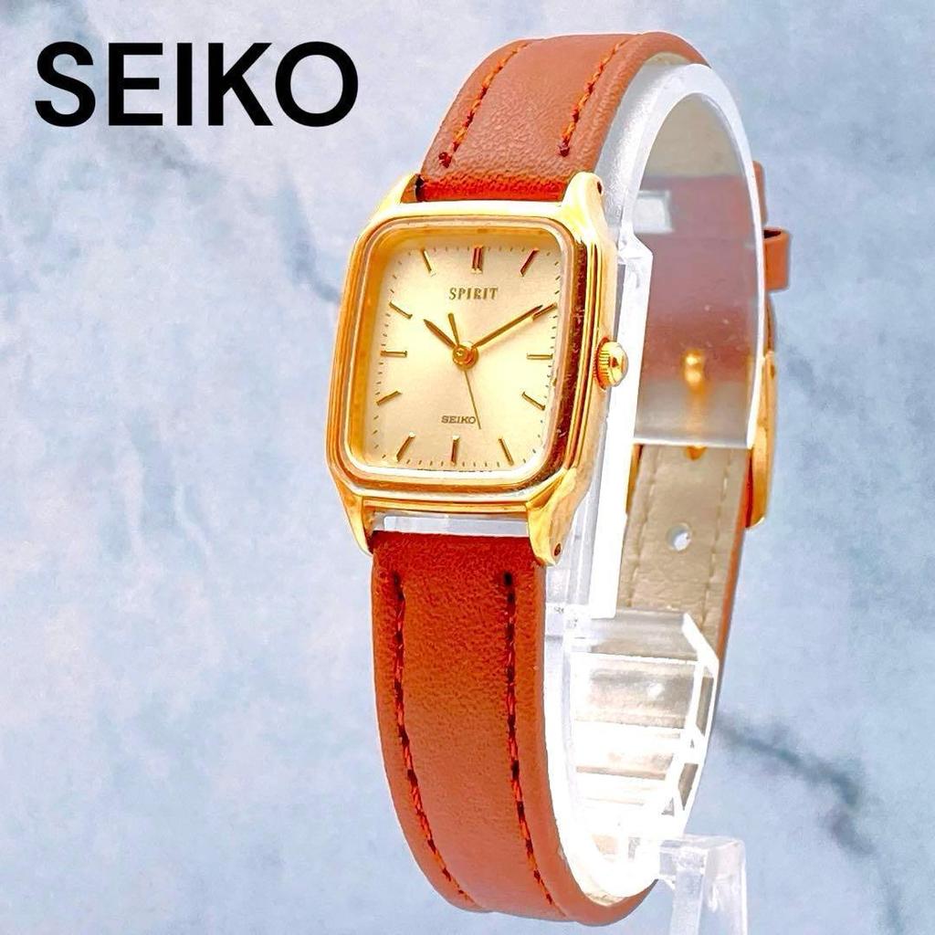 Used Working item SEIKO SPIRIT ladies watch square new belt 3 hands 1F21-5B20 rectangular gold vintage