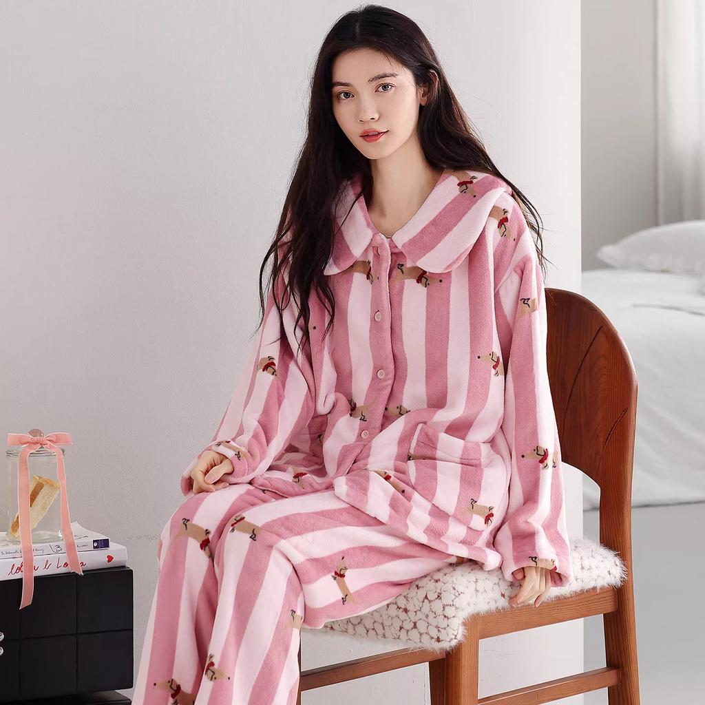 Women 2‑Pieces Pajama Set Long Sleeve Top & Pants Soft Warm Sleepwear Casual Home Loungewear Autumn Winter Nightwear For Ladies