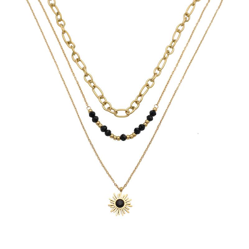 Jewelry Personalized Light Luxury Three-Layer Black Rice Bead Sun Pendant Necklace Female Versatile Niche Stacked Collarbone Chain