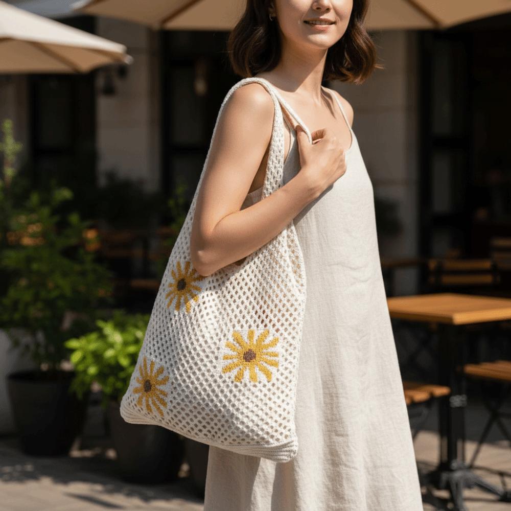 Flowers Pattern Crochet Tote Bag Retro Hollow Shoulder Bag Trendy Beach Knitting Bag Office