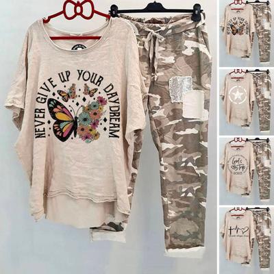 2Pcs/Set Women's Summer Casual Suit Round Neck Printed Breathable Cotton Blend Lightweight Sportswear Outfit Lady Supply