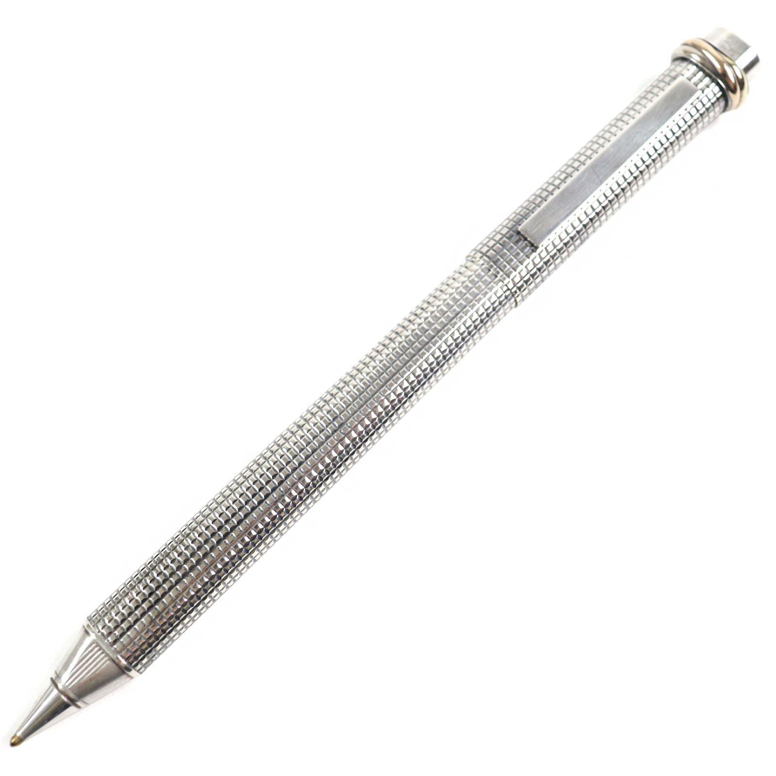 Great Cartier Ballpoint pen Trinity logo engraved cap style Silver grid pattern mens Used