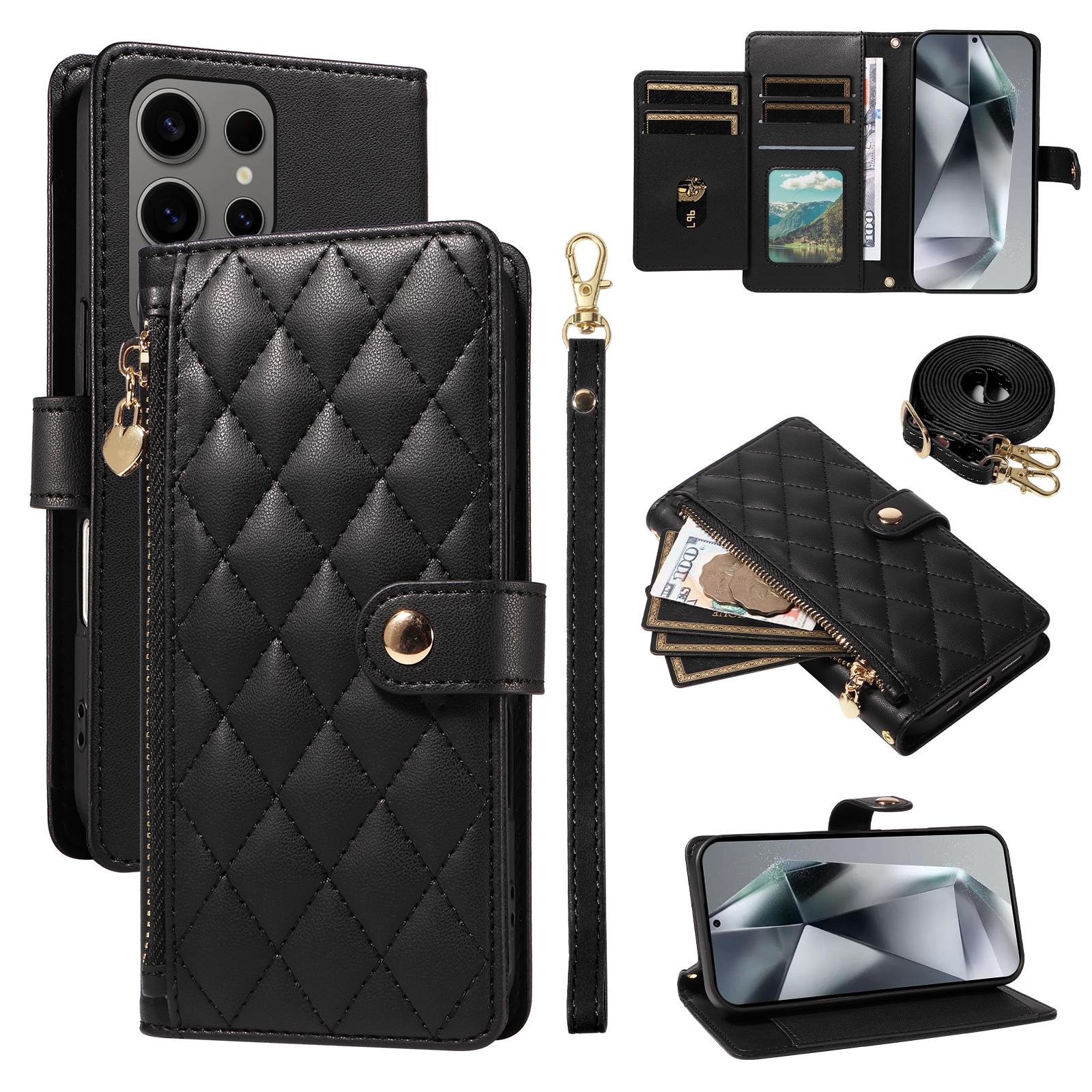 

For Samsung Galaxy S24 Ultra Wallet Case with Straps,Rhombus Leather Stand Phone Cover Black