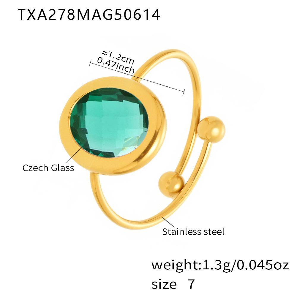 18k Gold Plated Open Ring with Qiong Yao Czech Glass Stone in Stainless Steel Bezel